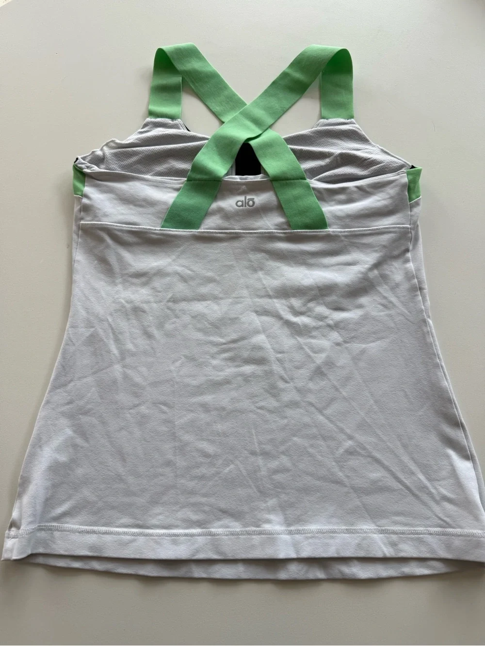 Alo yoga White Tank Top with Green Straps and Black Trim